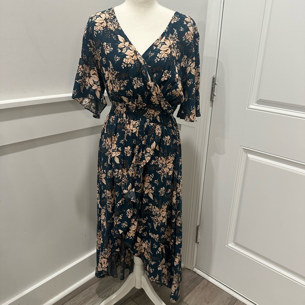 Coquette Prairie Floral Midi Dress V- neck and ruffle front opening. Cottagecore